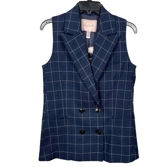Anthropologie Hutch Longline Vest XXS Blueberry Windowpane Sleeveless Double - Picture 2 of 14